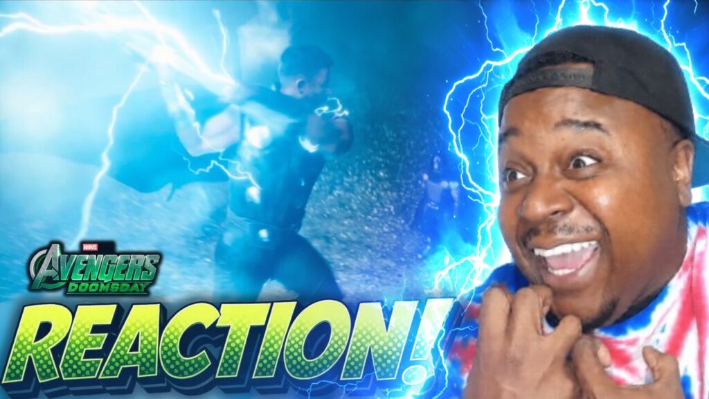 Fatal Jay reacts excitedly to the Avengers: Doomsday official trailer in a blue lightning thumbnail.