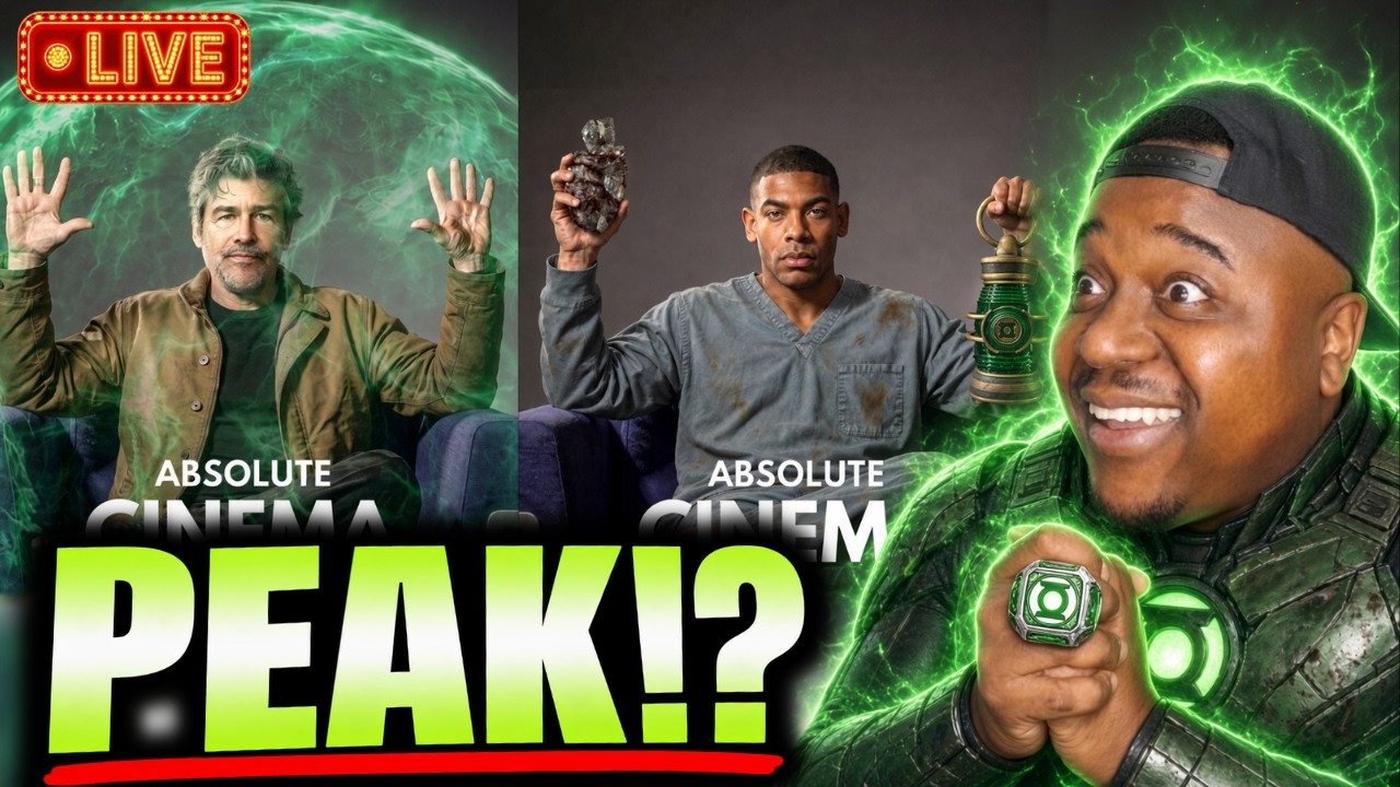Lanterns Episode 5 reaction thumbnail featuring Hal Jordan, John Stewart, and Fatal Jay wearing a Green Lantern ring beside “PEAK!?” text.