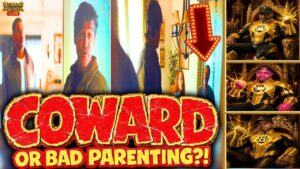 John Stewart, Hal Jordan, and John’s parents beside three hosts in gold Lantern suits, with text reading “COWARD OR BAD PARENTING?!”