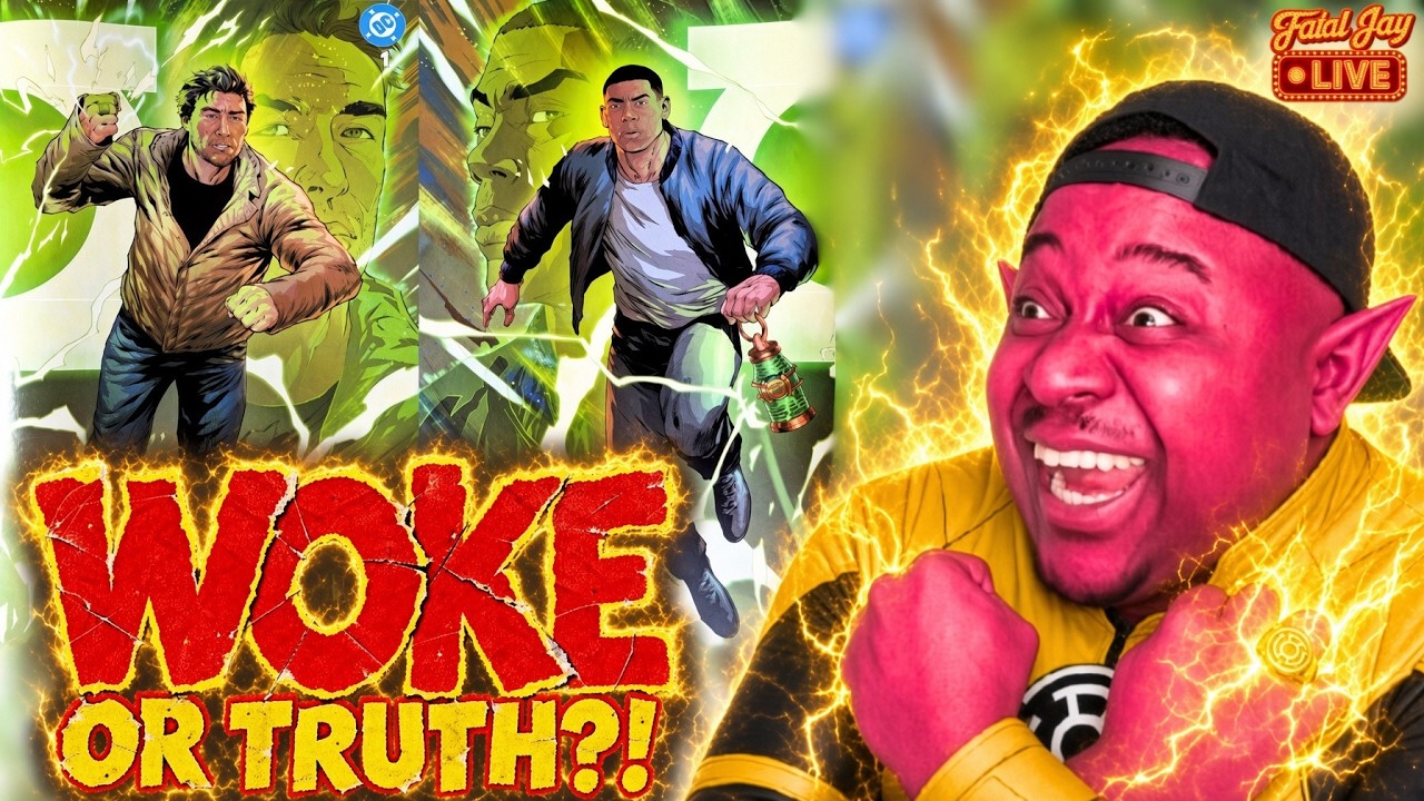 Green Lantern comic artwork beside Fatal Jay dressed as Sinestro, with yellow lightning and the words “WOKE OR TRUTH?!”