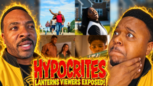 Two men reacting beside a collage of Lanterns scenes, surrounded by yellow lightning, with text reading “HYPOCRITES — LANTERNS VIEWERS EXPOSED!”