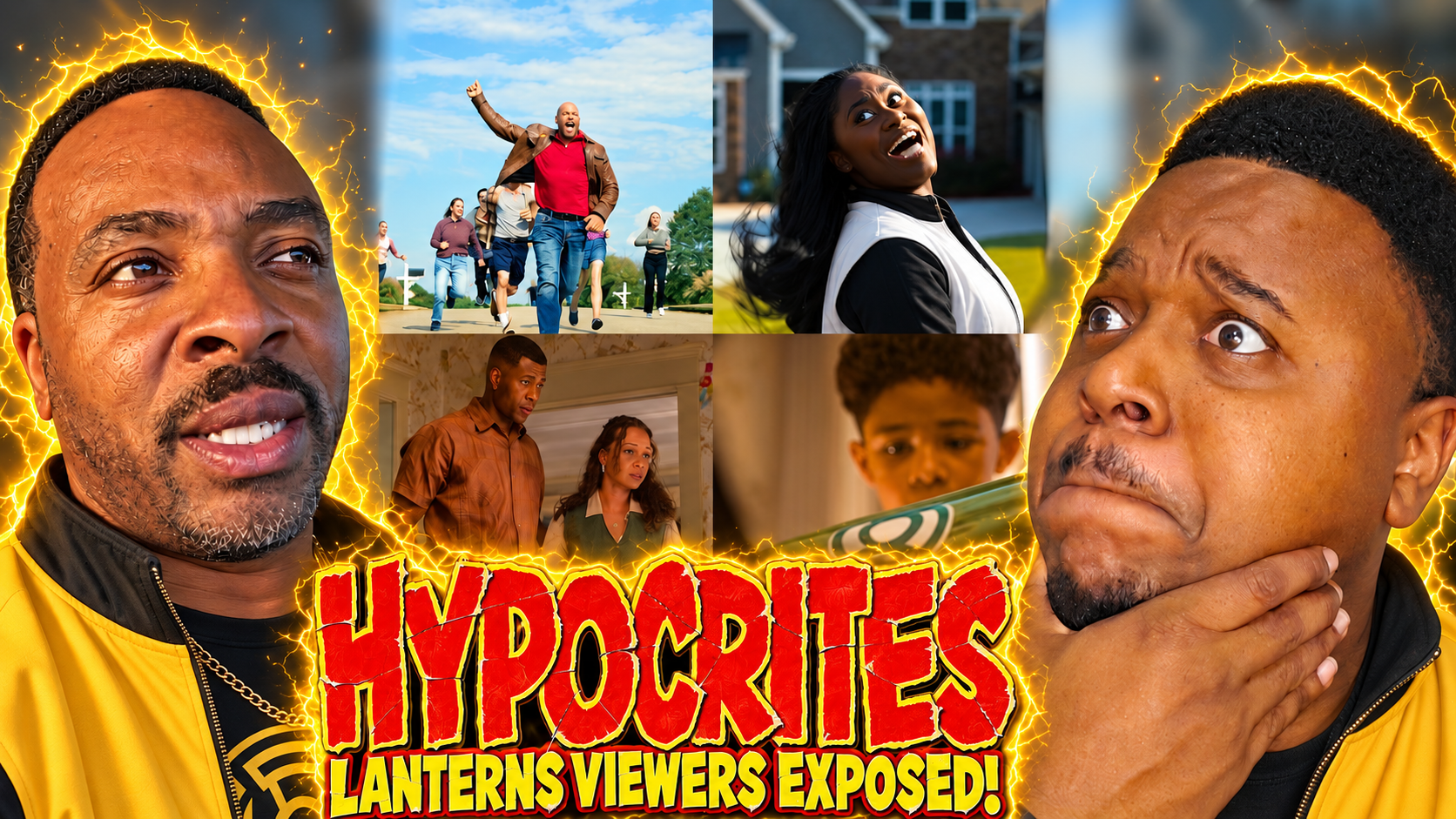 Two men reacting beside a collage of Lanterns scenes, surrounded by yellow lightning, with text reading “HYPOCRITES — LANTERNS VIEWERS EXPOSED!”